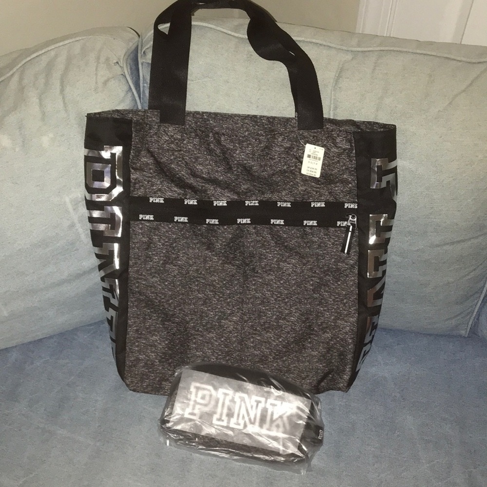 Victoria’s Secret PINK gray tote with makeup bag!
